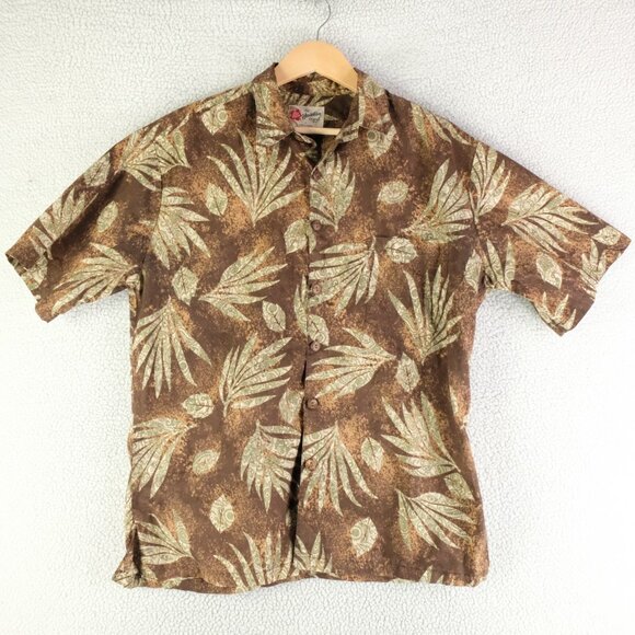 Hilo Hattie Shirt Mens Medium Brown Green Cotton Lawn Tropical Lightweight - Picture 1 of 9